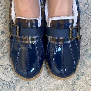 Sporto Ankle Duck Boots Tan Navy Plaid slip on Waterproof Rain Shoes Women’s 7